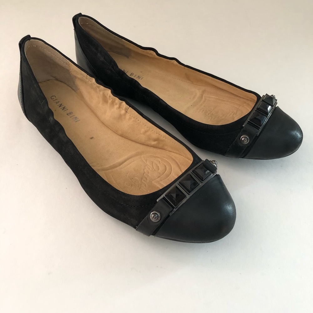 GIANNI BINI Black Leather Ballet Flat Jewel Shoes